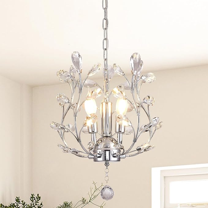 Ganeed 3-Light Branch Crystal Chandelier, Small Flush Mount Vintage Pendant Hanging Lighting, K9 Crystal Farmhouse Ceiling Light for Dining Room Bedroom Living Room Kitchen Hallway, Chrome Silvery-HomvellaHome