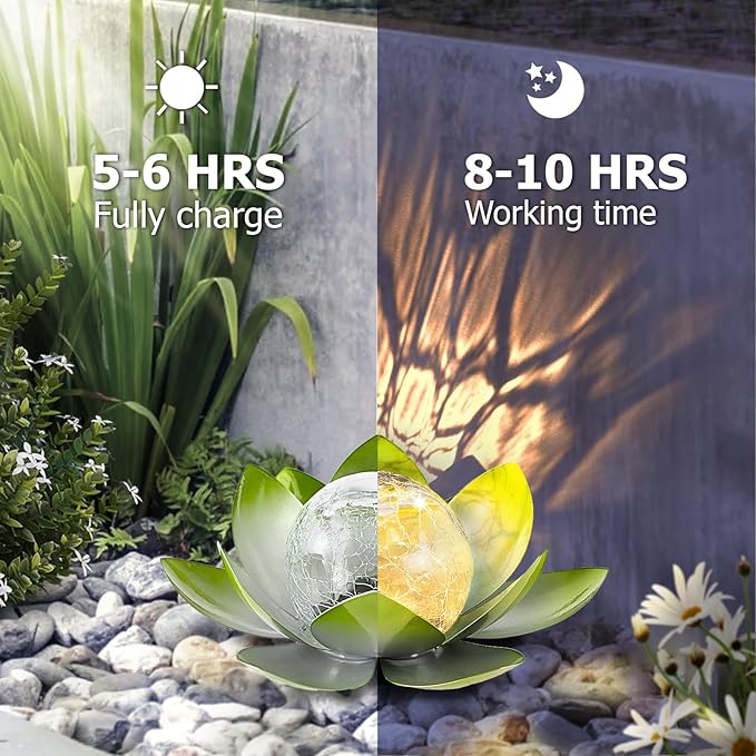 Garden Solar Light Outdoor(2Pack),Crackle Globe Glass Lotus Decoration, Waterproof Metal LED Flower Lights for Patio,Lawn,Walkway,Tabletop,Ground-HomvellaHome