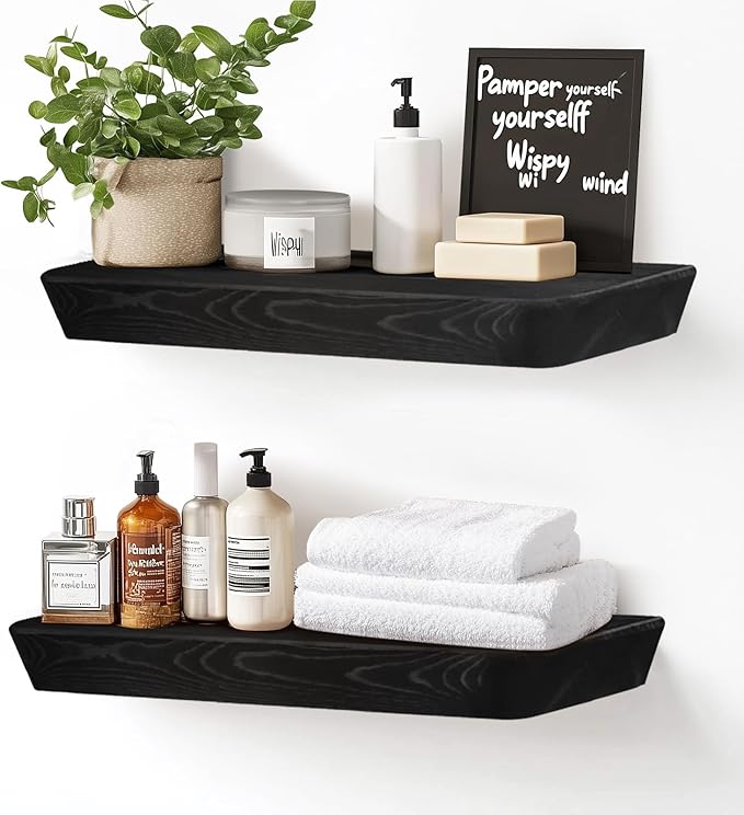 16"x6.8"x1.6" Slanted Floating Wall Shelves 2-Pack - Rustic Black Finish, Heavy-Duty Solid Wood Design with Hidden Brackets - Perfect for Living Room, Kitchen, Bathroom, or Office-HomvellaHome