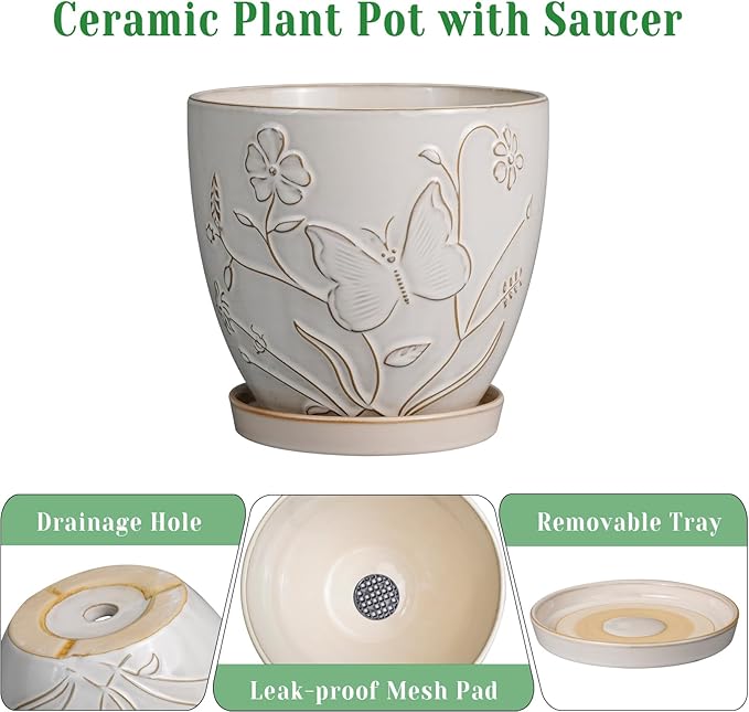 10 Inch Plant Pot Ceramic Planter Pot with Drainage Hole and Saucer Round Planter Large Flower Pot for Indoor Outdoor Plants Home Garden Decor White-HomvellaHome