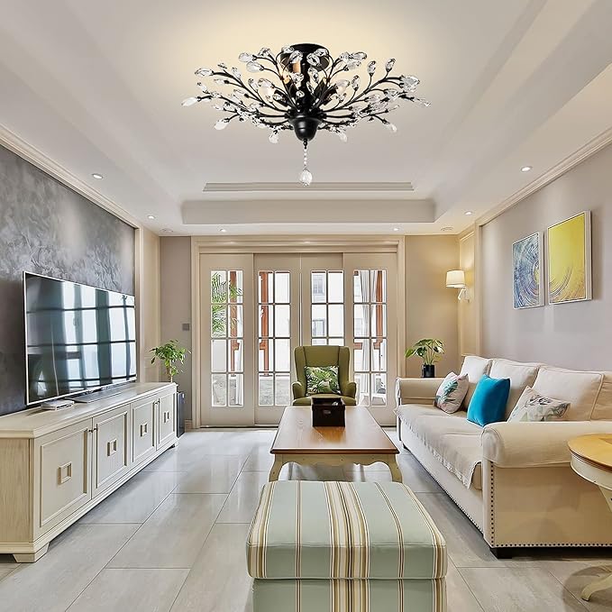 Ganeed Crystal Ceiling Light,Vintage Chandelier, Modern Elegant K9 Crystal Glass Chandelier Flush Mount Ceiling Lighting Fixture for Living Room Bedroom Restaurant Porch- Matte Black - 5 Lights-HomvellaHome