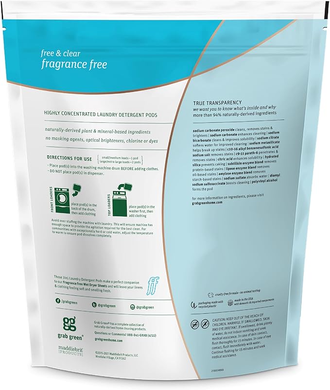 Grab Green 3-in-1 Laundry Detergent Pods, 60 Count, Fragrance Free, Plant and Mineral Based, Superior Cleaning Power, Stain Remover, Brightens Clothes-HomvellaHome