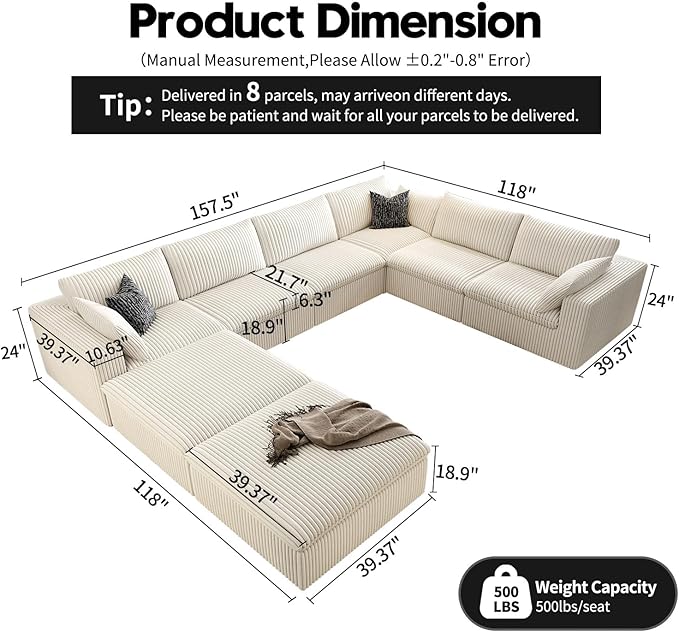 157.5" Cloud Couch Oversized Modular Sectional Sofa for Living Room,Modern Sofa with Deep Seat，8 Seater Boneless Couch with 2 Ottoman,Comfy Upholstered Couches for Apartment, Studio, Office,White-HomvellaHome