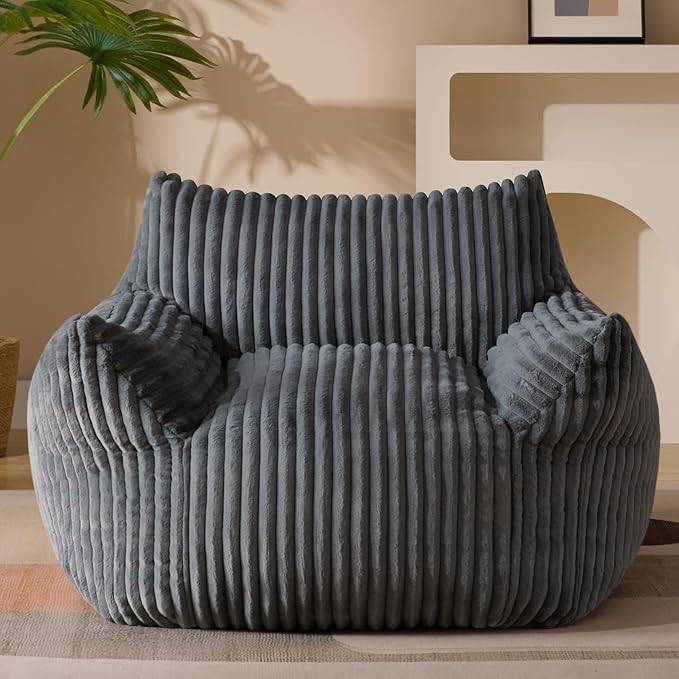 Giant Plush Bean Bag Chair for Adults with Armrests - Oversized Comfy Grey Beanbag Lounge Lazy Floor Sofa Accent Chair for Living Room, Bedroom & Dorm, Cozy Fluffy Single Cloud Mini Couch-HomvellaHome