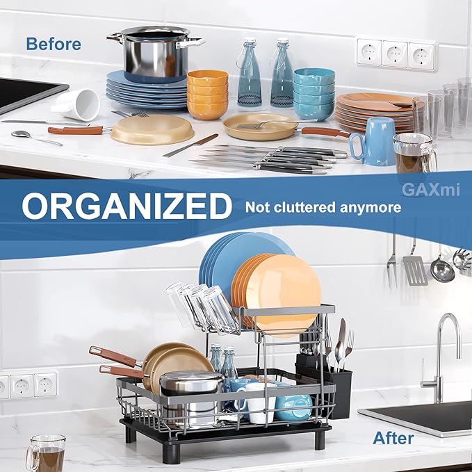 GAXmi Dish Drying Rack Over The Sink Dish Drainer with Drainboard Utensil Holder Cup Holder, 2-Tier Grey-HomvellaHome