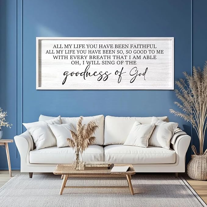 Goodness of God Framed Wall Art, 40''×15'' Positive Religious White Bible Verse for Christian God Jesus Christ Prayer, Vintage Rustic Long Holy Catholic Scripture Decor-HomvellaHome
