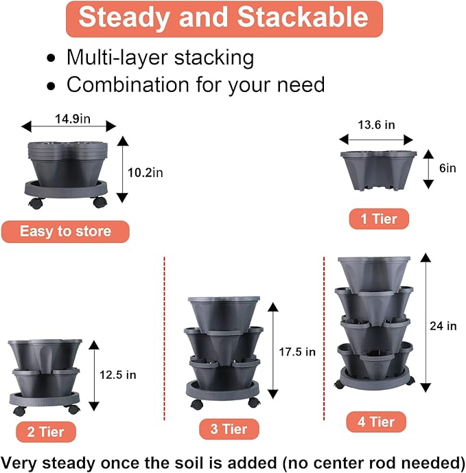 Vertical Planter 4 Tier Stackable Planters Garden Planters Strawberry Herb Flower and Vegetable Planter Indoor Outdoor Gardening Pots with Removable Wheels and Tools-HomvellaHome