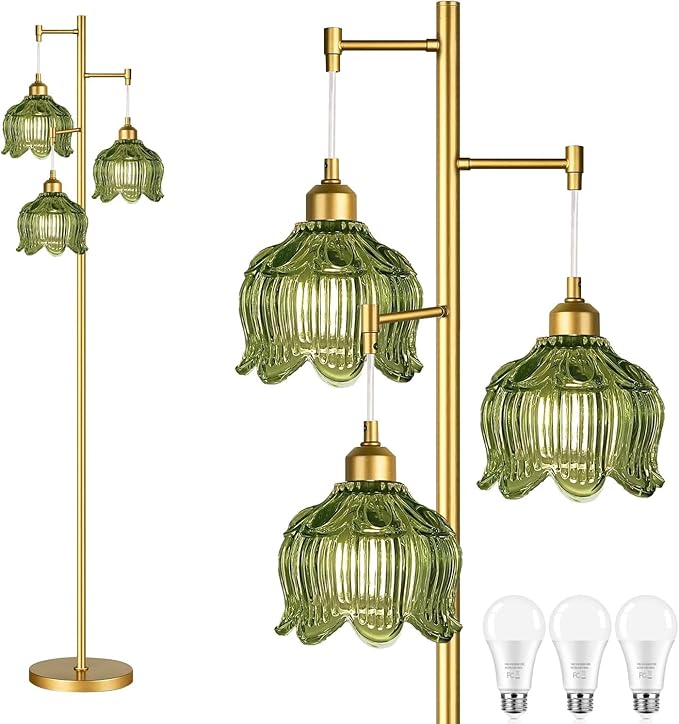 Gold Floor Lamp for Living Room,Bedroom,Mid Century Modern Standing Lamp Brass Tree 3 Light Tall Floor Lamps Vintage Retro Floor Lights Glass Green Flower Lamp Shade Farmhouse Boho Bohemian-HomvellaHome
