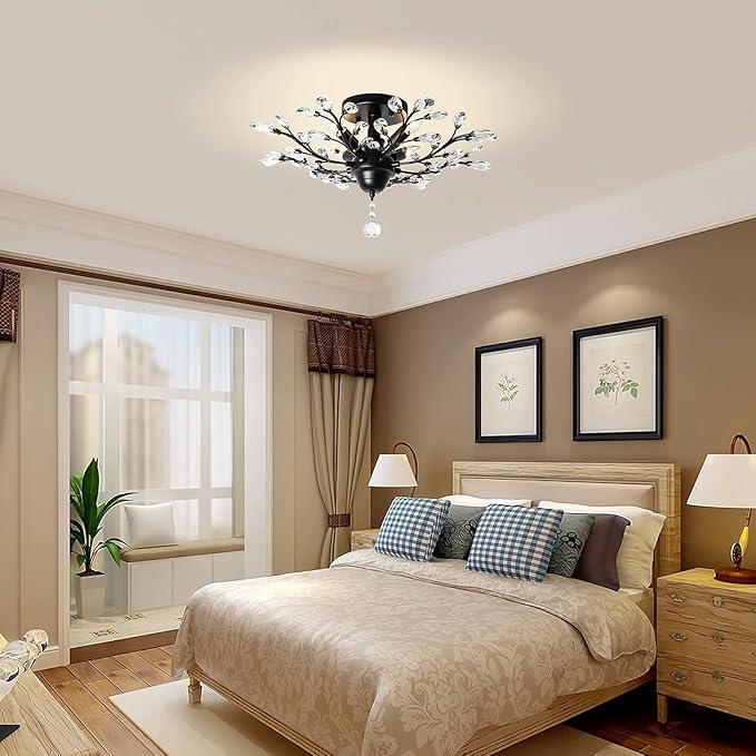 Ganeed Crystal Chandeliers,Vintage K9 Clear LED Ceiling Lighting,Edison Pendant Light Flush Mounted Fixture with 4 Light for Living Room Dinning Room Restaurant Porch Hallway (Black)-HomvellaHome