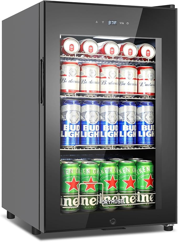 101 Cans Compressor Beverage Refrigerator, 17 Inch Drink Fridge with Glass Door, Adjustable Removable Shelves, Quiet Operation, Temp Memory, Beer Cooler for Soda, Beer, Water, Home Bar, Office-HomvellaHome