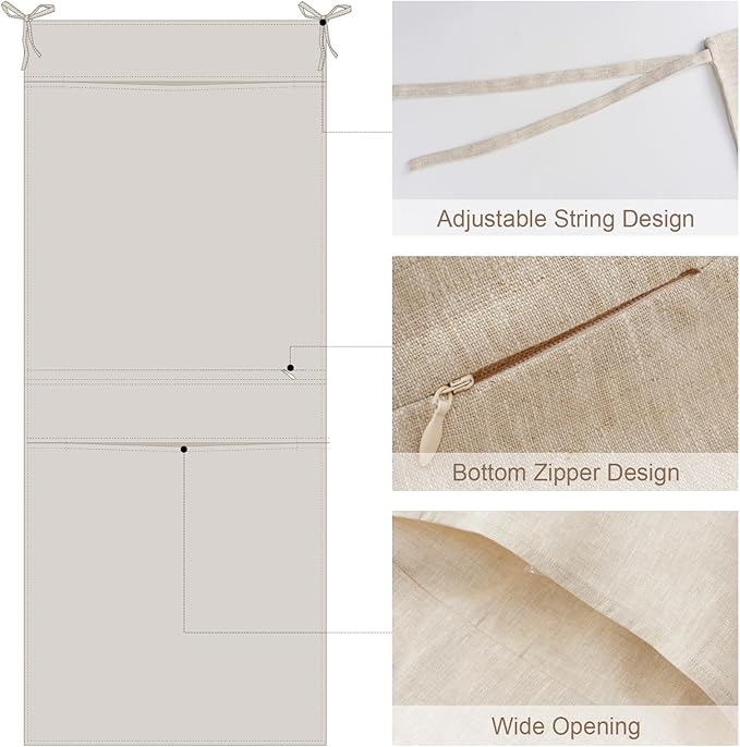 100% Linen Hanging Laundry Bag with 2 Compartments, Over the Door Laundry Hamper, Dirty Clothes Space Saving Organizer 19.7 x 47 Inches, Linen-HomvellaHome