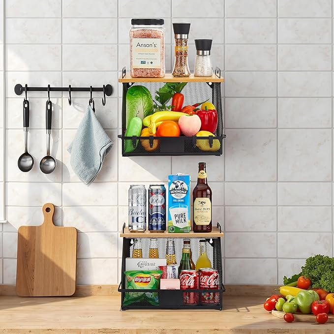 1 SET Large fruit basket for kitchen counter-stackable basket with Bamboo Tops & Tag,hanging wall baske,for Cabinet Shelf Countertop pantry storaget, onion potato Vegs Bread Food Organizing Bin,BLACK-HomvellaHome