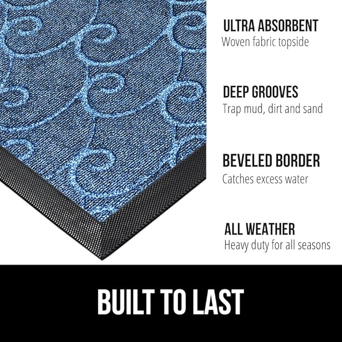 GORILLA GRIP 100% Waterproof All-Season WeatherMax Doormat, US Designed Natural Rubber, Stain and Fade Resistant, Low Profile Indoor Outdoor Door Mats, Easy Clean Patio Mat, 17x29, Ocean Blue Waves-HomvellaHome
