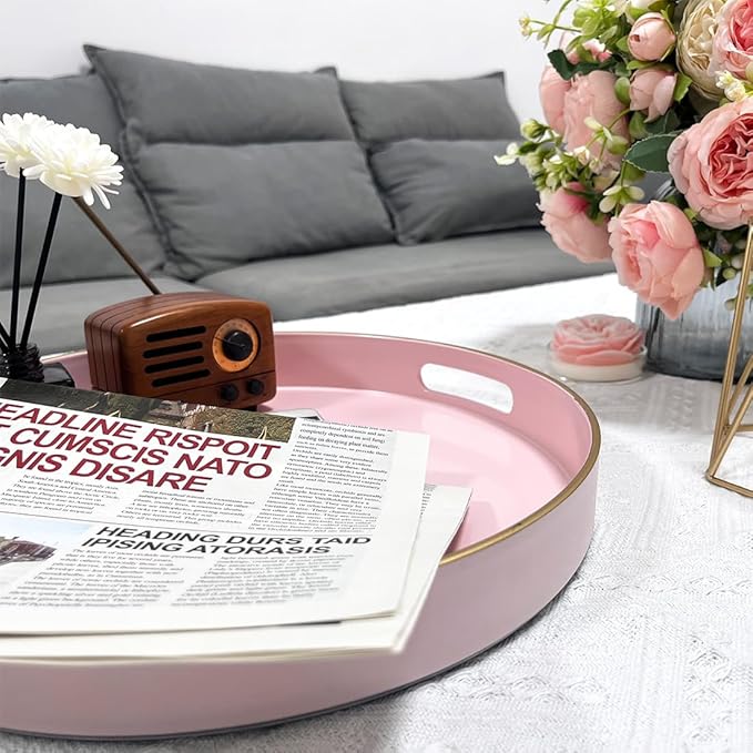 13" Pink Serving Tray with Handles,Round Decorative Tray for Coffee Table, Plastic Modern Coffee Table Tray for Ottoman, Living Room, Bathroom, Décor.-HomvellaHome