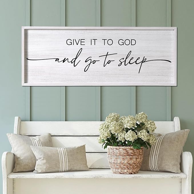 Give It to God and Go to Sleep Decorative Rustic Sign & Plaque Framed Wall Art for Couples, 40''×15'' Vintage Farmhouse Wooden Horizontal Wall Decor Above Bed, Cottagecore Wedding Gift for Bedroom-HomvellaHome