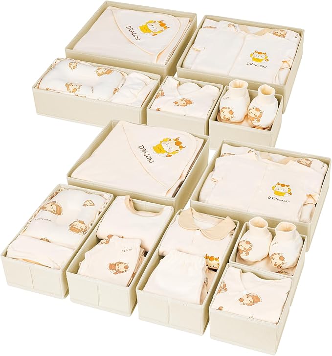 DIMJ Drawer Organizer Clothes 12 Pack - Foldable Baby Organizers and Storage & Dresser Organizer for Bedroom, Closet - Nursery Organization Dresser Dividers for underwear, Sock,Bra, Belt, Tie, Beige-HomvellaHome