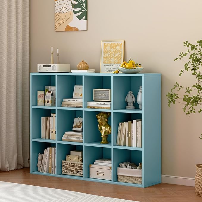 12-Cube Storage Shelf Bookcase - Wooden 3-Tier Floor Standing Open Bookshelf for Home and Office, Display Cabinet, Light Blue-HomvellaHome