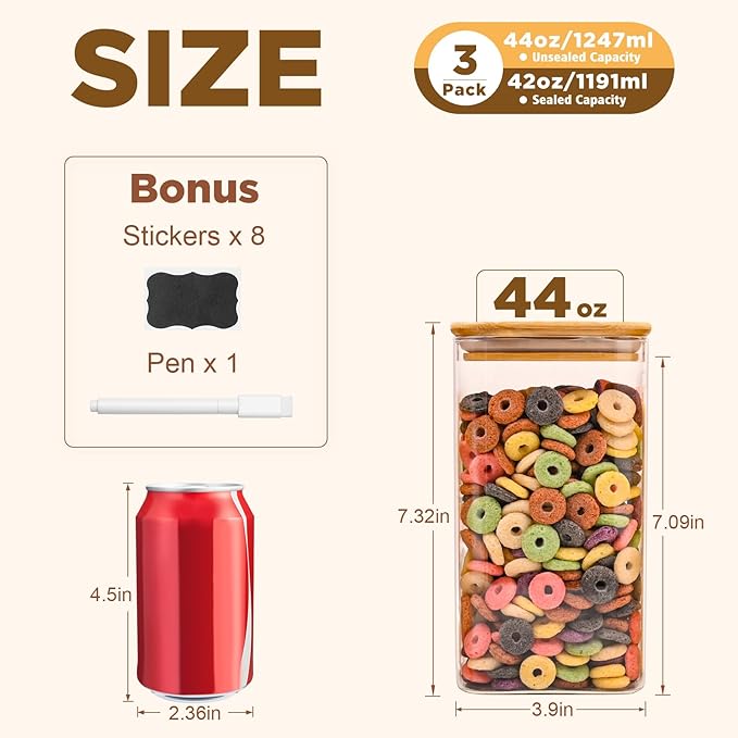 Glass Food Storage Jars Square 44oz, 3 Pack Glass Jars With Bamboo Lids, Kitchen Storage Containers For Spice, Candy, Cookie, Storage For Pantry Organizers-HomvellaHome