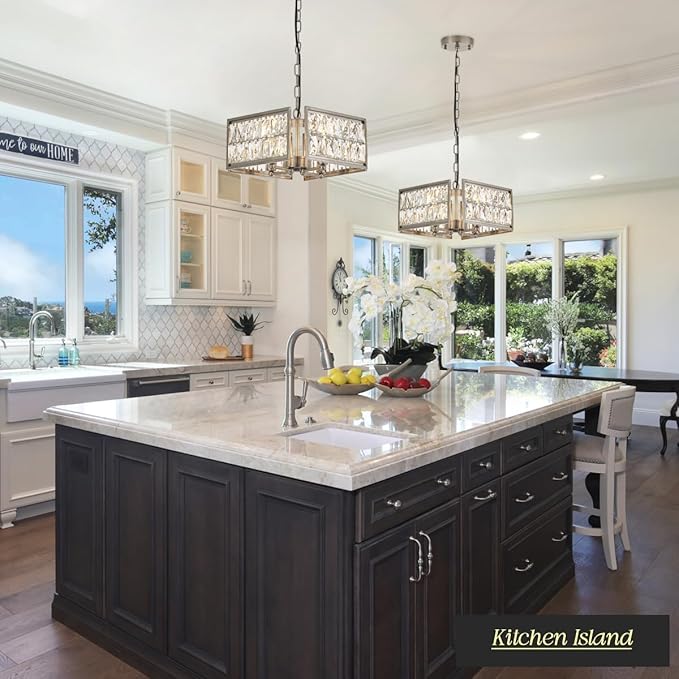 12” 4-Light Modern Crystal Chandeliers Nickel Dinning Room Light Fixture, Square Pendant Light Kitchen Island Chandelier, Flush Mount Ceiling Light for Living Room Entryway Bedroom Foyer-HomvellaHome