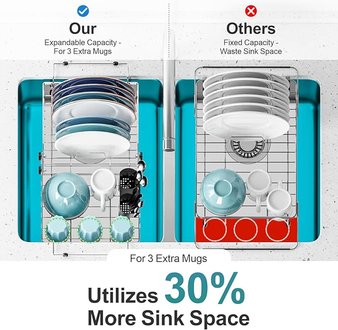 GSlife Expandable in Sink Dish Drying Rack - Capacity Adjustable Stainless Steel Over The Sink Dish Drainer with 2 Cup Holder and Utensil Holder for Kitchen Sink, 10.8"~17.9" L x 14.2" W, Silver-HomvellaHome