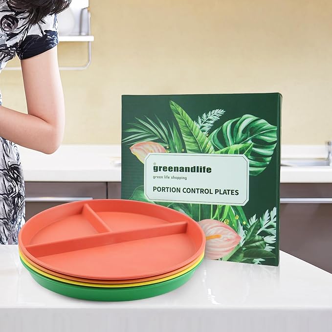 greenandlife 9 Inch 4PCS Unbreakable Portion Control Plates, Divided Plates for Kids Adults, Dishwasher & Microwave Safe Compartment Plate, Lightweight Reusable Wheat Straw Plate, BPA Free-HomvellaHome