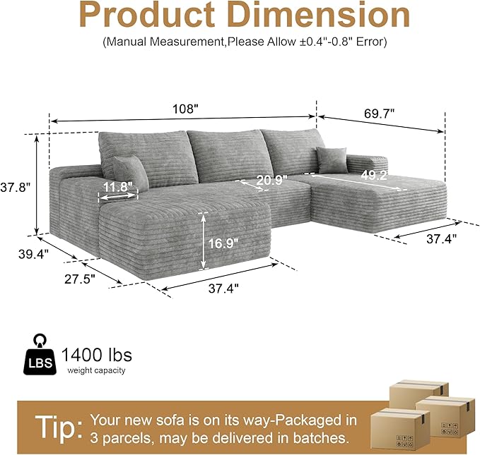108" Sectional Couches for Living Room Modern Modular Sofa with L-Shape Couchs Upholstered Boneless Couch Deep Seat Sectional Couch with Chaise (Grey, Right Facing Chaise+2Seaters+1Ottoman)-HomvellaHome