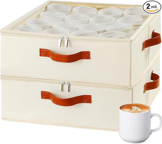 2 Pack Cup and Mug Storage Box with Dividers and Hard Shell, Stackable Coffee Cup Storage Organizer with Lid, Zipper, and Handles for Coffee Mugs, Cups, Glasses, Stemware Storage Containers for Moving-HomvellaHome