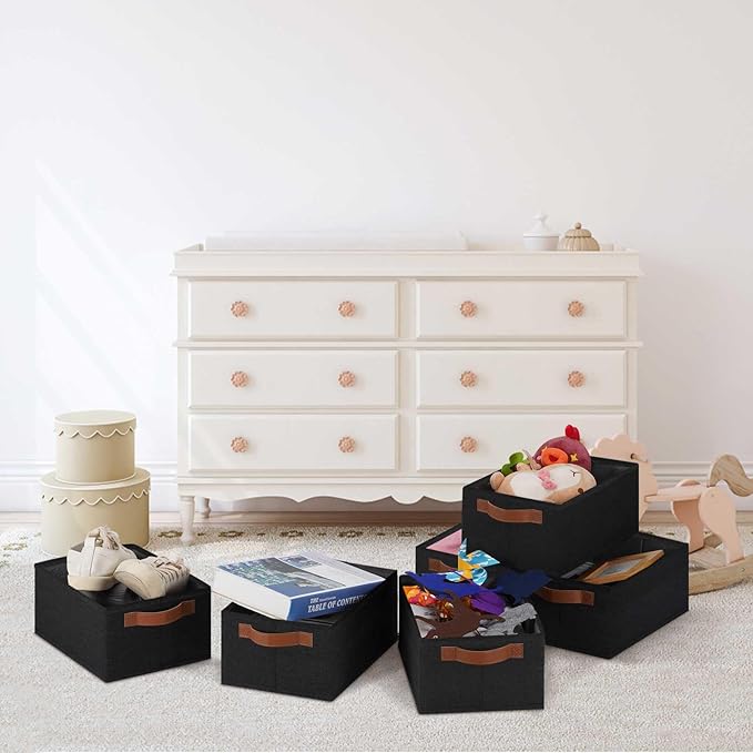 GhvyenntteS Small Fabric Storage Bins 6 Pack, 11.8" x 7.87" x 5.11" Storage Basket with Leather Handles, Closet Storage Bins for Shelves, Storage Baskets for Shelves, DVD Storage (Black)-HomvellaHome