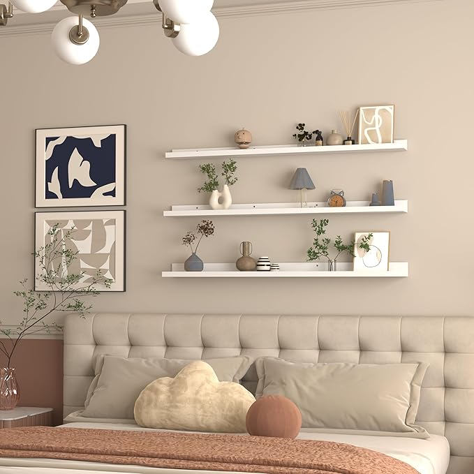 Giftgarden 47 Inch White Floating Shelves for Wall Mount, Modern Long Wood Wall Shelf Ledge for Bathroom Bedroom Living Room Kitchen Nursery Storage, Set of 3 Different Sizes-HomvellaHome