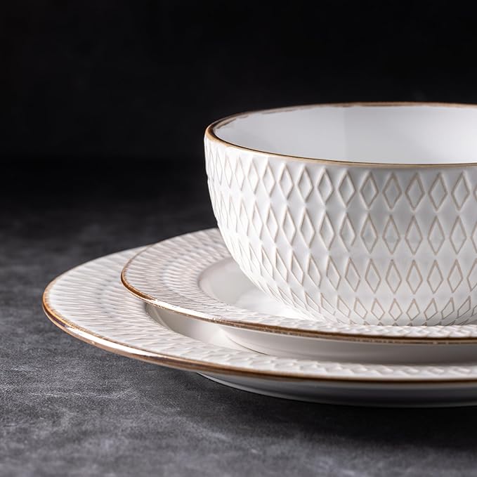 GBHOME Ceramic Dinnerware Sets,18 pcs Embossed Elegant Stoneware Plates and Bowls Sets, Housewarming Wedding Gift | Dishwasher & Microwave Safe | Dishes Set Service for 6-HomvellaHome