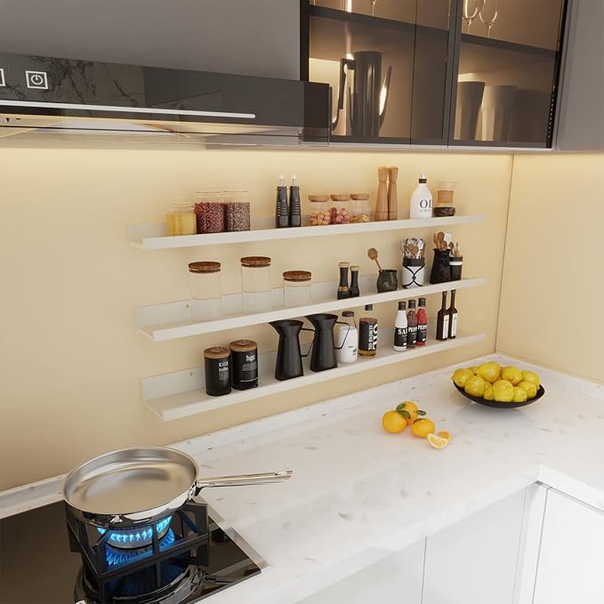 Giftgarden 47 Inch Floating Shelves for Wall Creamy White Beige Wood-Grain, Long Picture Ledge Large Wooden Photo Shelf for Living Room Bedroom Nursery Office, Set of 3 Different Sizes-HomvellaHome