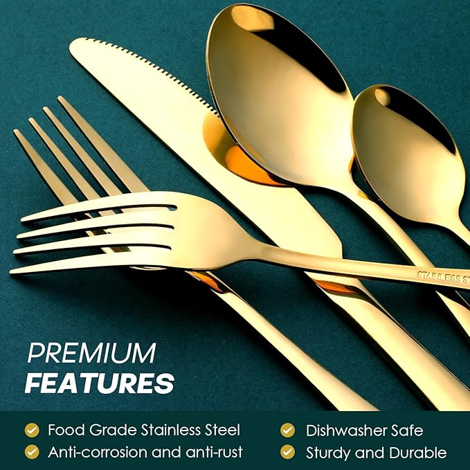 Gold Silverware Set for 8, OGORI 45-Piece Stainless Steel Flatware Set with Serving Set, Mirror Polished Cutlery Set with Serving Utensils Spoon for Kitchen Party Supply-HomvellaHome