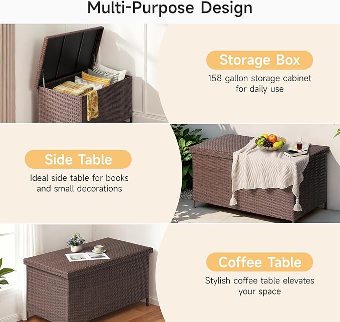 158 Gallon XL Deck Box with Lid, All Weather Wicker Outdoor Storage Box Waterproof, Large Outdoor Patio Storage Bin for Cushions, Garden Tools, Gears, Pool Accessories, Brown-HomvellaHome