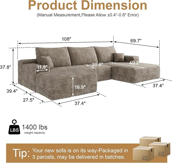 108" Sectional Couches for Living Room Modern Modular Sofa with L-Shape Couchs Upholstered Boneless Couch Deep Seat Sectional Couch with Chaise (Camel, Right Facing Chaise+2Seaters+1Ottoman)-HomvellaHome