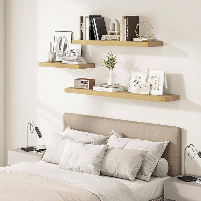 12 Inch Deep Floating Shelves 48 inch Long, 48 x 12 Wide Wall Shelves with Invisible Brackets, Heavy Duty Shelf for Bedroom Bathroom Living Room Kitchen Office Home Decor, Modern Shelf Set of 2, Oak-HomvellaHome