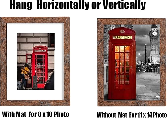 11x14 Picture Frame Set of 6, Display Pictures 8x10 with Mat or 11x14 Without Mat for Wall Mounting,Rustic Brown-HomvellaHome