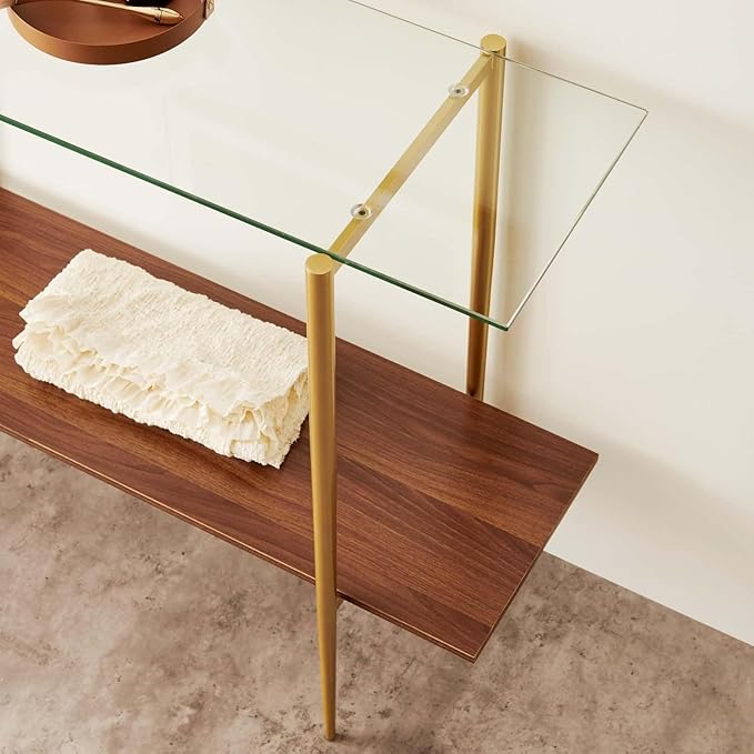 Glass Console Table for Living Room, Foyer & Entrance, 2-Tiers Mid-Century Modern Sofa Table with Clear Glass Top, Walnut Finish Wood Top and Gold Finish Metal Frame-HomvellaHome