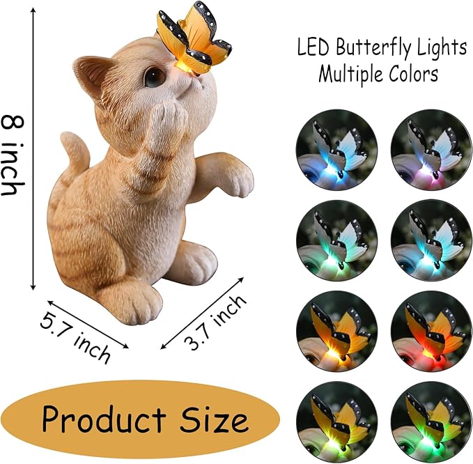 Garden Decor Solar Cat Figurines Cat Lover Gifts with LED Butterfly Lights for Indoor Outdoor Decor for Yard Garden Patio Decor Gifts for Women Grandma Mother's Day Birthday-HomvellaHome