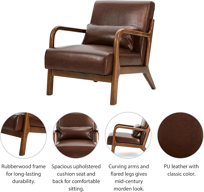Glitzhome 2 Set Mid Century Coffee Accent Armchair, Single Reading Armchair PU Leather Lounge Chair with Walnut Ruberwood Frame-HomvellaHome