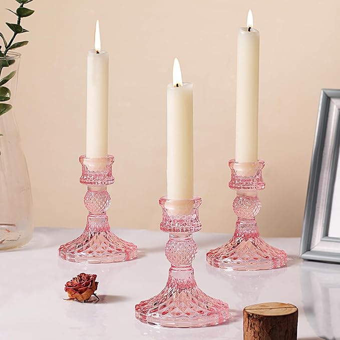 12Pcs Pink Candlestick Holders Set- 4" H Taper Candle Holders Bulk, Glass Candle Holders for Wedding, Party, Romantic Dinner Table Centerpieces, Festival Gifts & Windowsill Decor-HomvellaHome