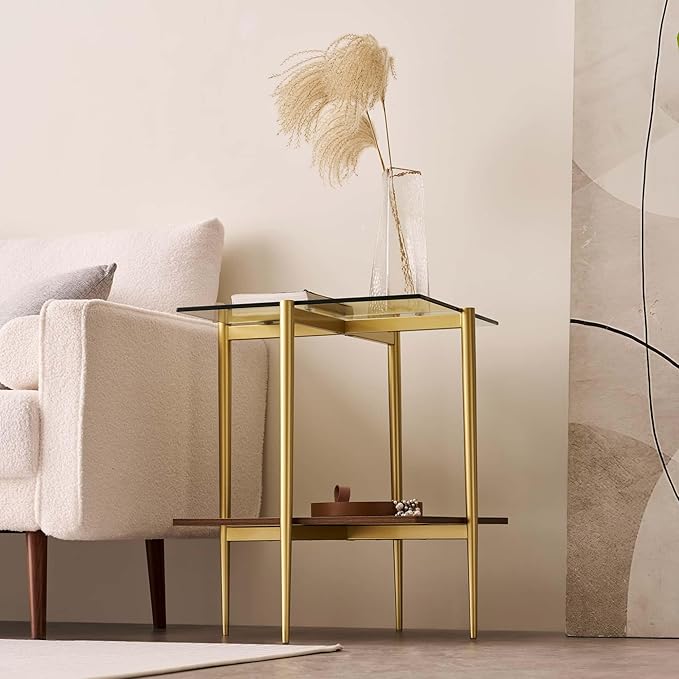 Glass End Table, Mid-Century Modern Design Sofa Table, for Living Room, 2-Tier Structure, Clear Glass Top and Walnut MDF Shelf, Sleek Conical Metal Legs with Gold Finish Frame-HomvellaHome