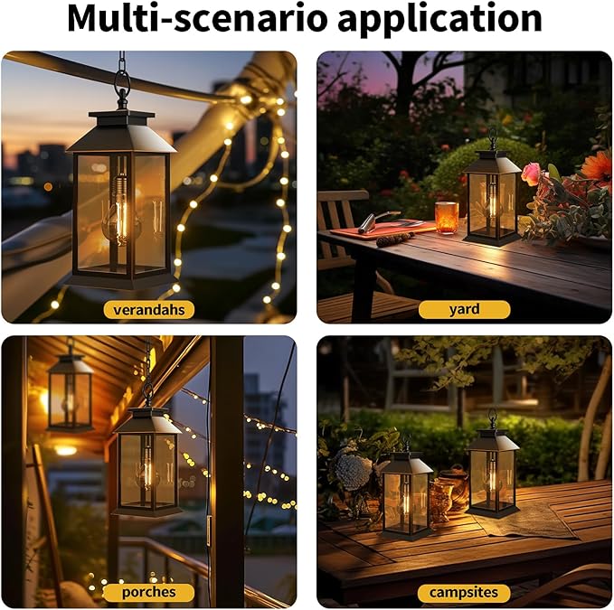 2 Pack Hanging Solar Lanterns Glass Solar Lights Outdoor Waterproof Upgraded Solar and 2 AA Batteries Powered, for Outside Porch, Patio and Indoor Tables, Mantelpiece-HomvellaHome
