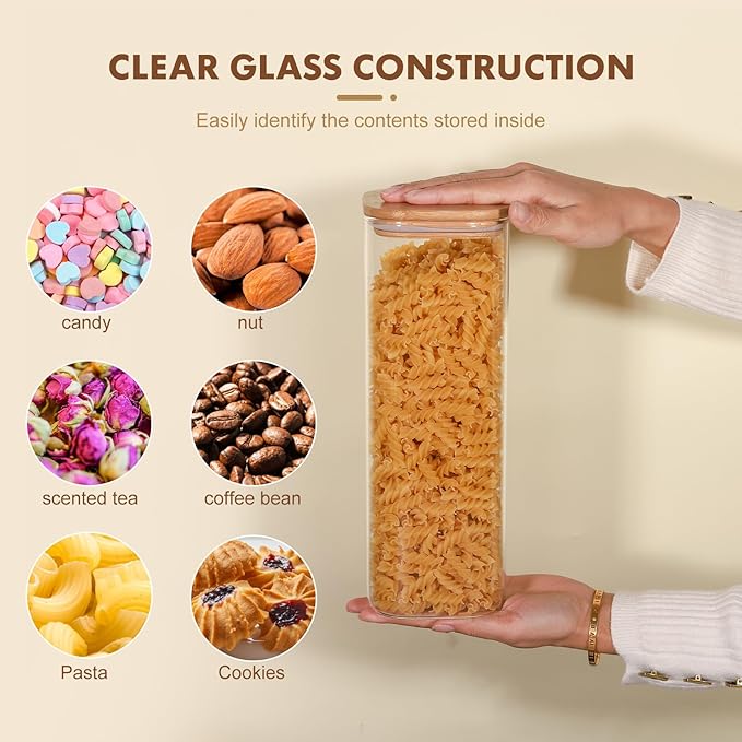 Glass Food Storage Jars 76 oz Set of 3,Glass Storage Containers Clear Glass Food Canister with Bamboo Lid Airtight For Serving Tea, Coffee, Flour, Sugar, Candy, Cookie, Spice and More (Square)-HomvellaHome
