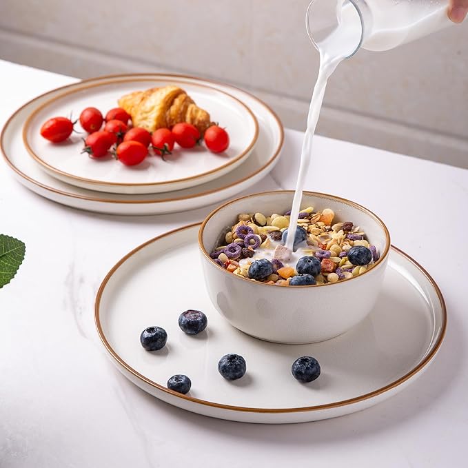 GBHOME Ceramic Dinnerware Sets for 6, 18 Pieces Stoneware Plates and Bowls Sets, Scratch Resistant Dishes, Dishwasher & Microwave Safe, Reactive Glaze-White-HomvellaHome