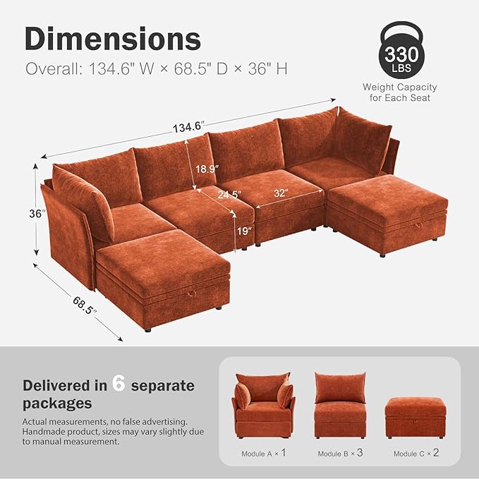134.6" Oversized Modular Sectional Sofa, 6 Seater U Shaped Couch with Storage Ottoman with Reversible Chaise Deep Seat for Living Room, Apartment - Chenille Terracotta Orange-HomvellaHome