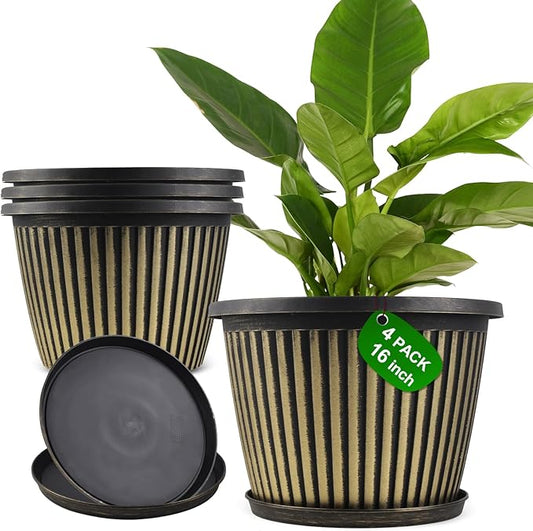 16 inch Large Planter Indoor Outdoor Plant Pots, 4 Pack Plastic Flower Pots with Saucer And Drainage Holes, Modern Garden Planters For Planting Medium Large Plants, Decorative Resin Garden Pots-HomvellaHome
