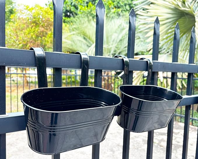 2 Pack Metal Hanging Planter for Outdoor Plants, 10 Inch Black Fence Planters Railing Pots for Garden Patio Balcony Decor, Flower Bucket with Detachable Hooks (Black, 2Pcs)-HomvellaHome