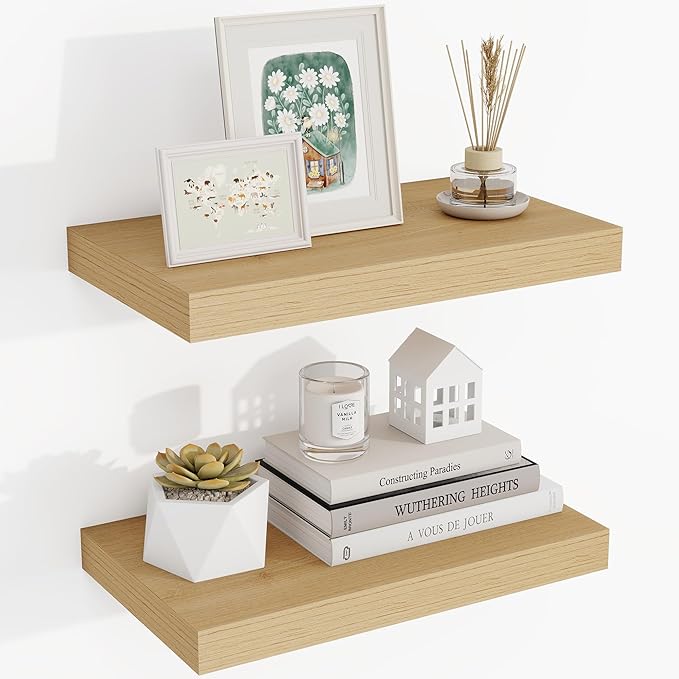 16 Inch Floating Shelves, 3D Textured Wood Grain, 16"x9.25"x1.5" Inch Deep Floating Shelves for Wall, Wooden Shelves for Bathroom, Bedroom, Living Room, Natural-HomvellaHome