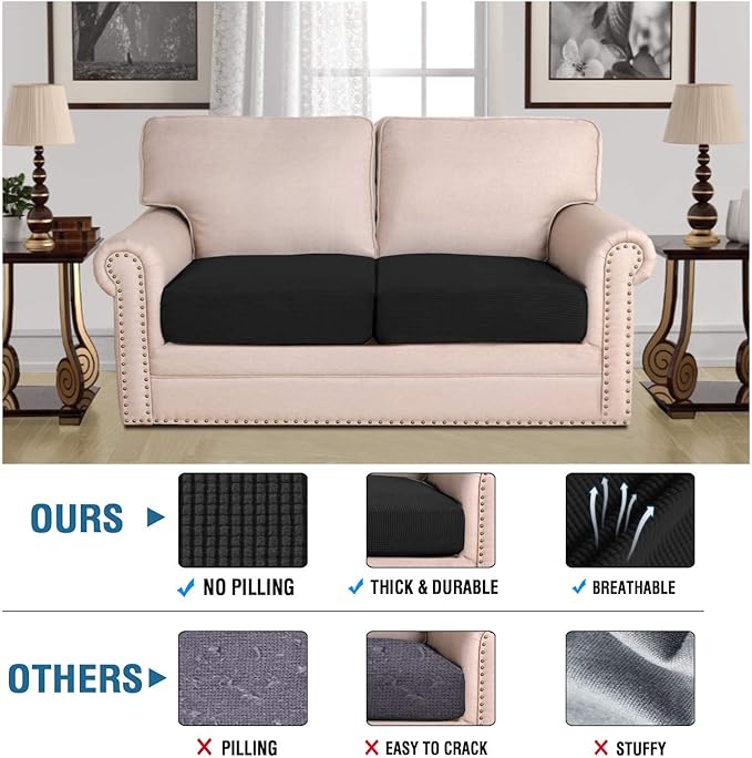 H.VERSAILTEX Super Stretch Individual Seat Cushion Covers Sofa Covers Couch Cushion Covers Slipcover Sets Thick Jacquard Textured Twill Fabric (2 Piece Medium Sofa Cushion Covers, Black)-HomvellaHome