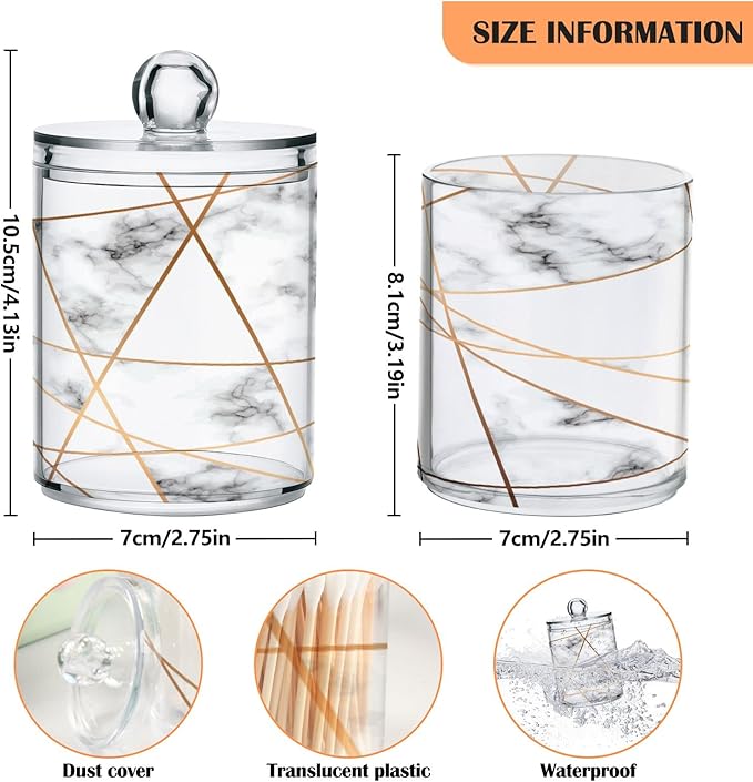 2 Pack Qtip Holder Dispenser White Marble Gold Line Bathroom Storage Canister Lid Acrylic Plastic Apothecary Jar Set Vanity Makeup Organizer for Cotton Swabs/Pads/Floss-HomvellaHome
